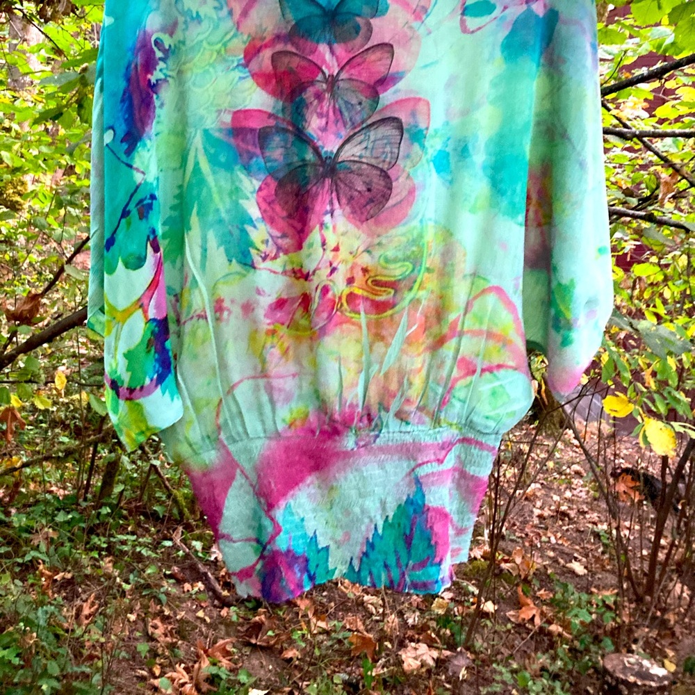 One World Top with butterflies